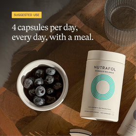Nutrafol bottle on bathroom shelf suggesting daily supplement routine