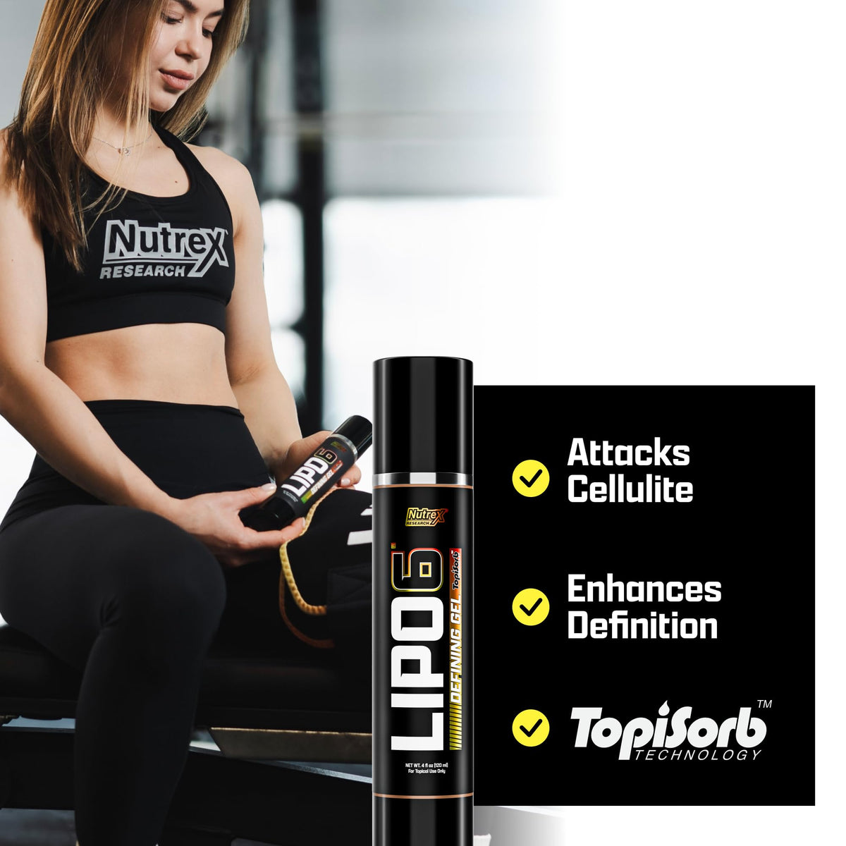 Nutrex Research Lipo-6 Defining Gel applied to thigh demonstrating targeted warming
