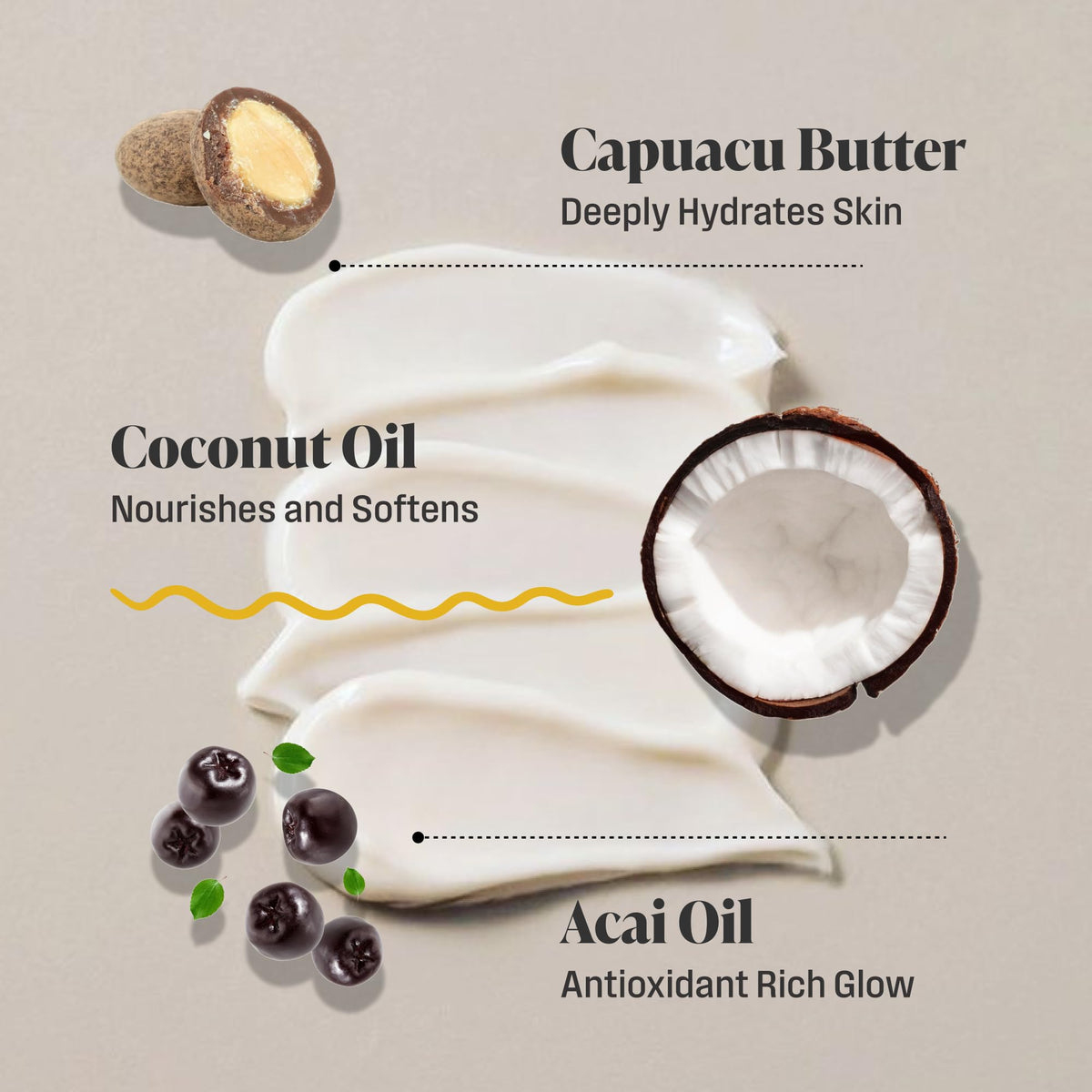 Nutrius key ingredients display with coconut, acai, guaraná emphasizing natural benefits