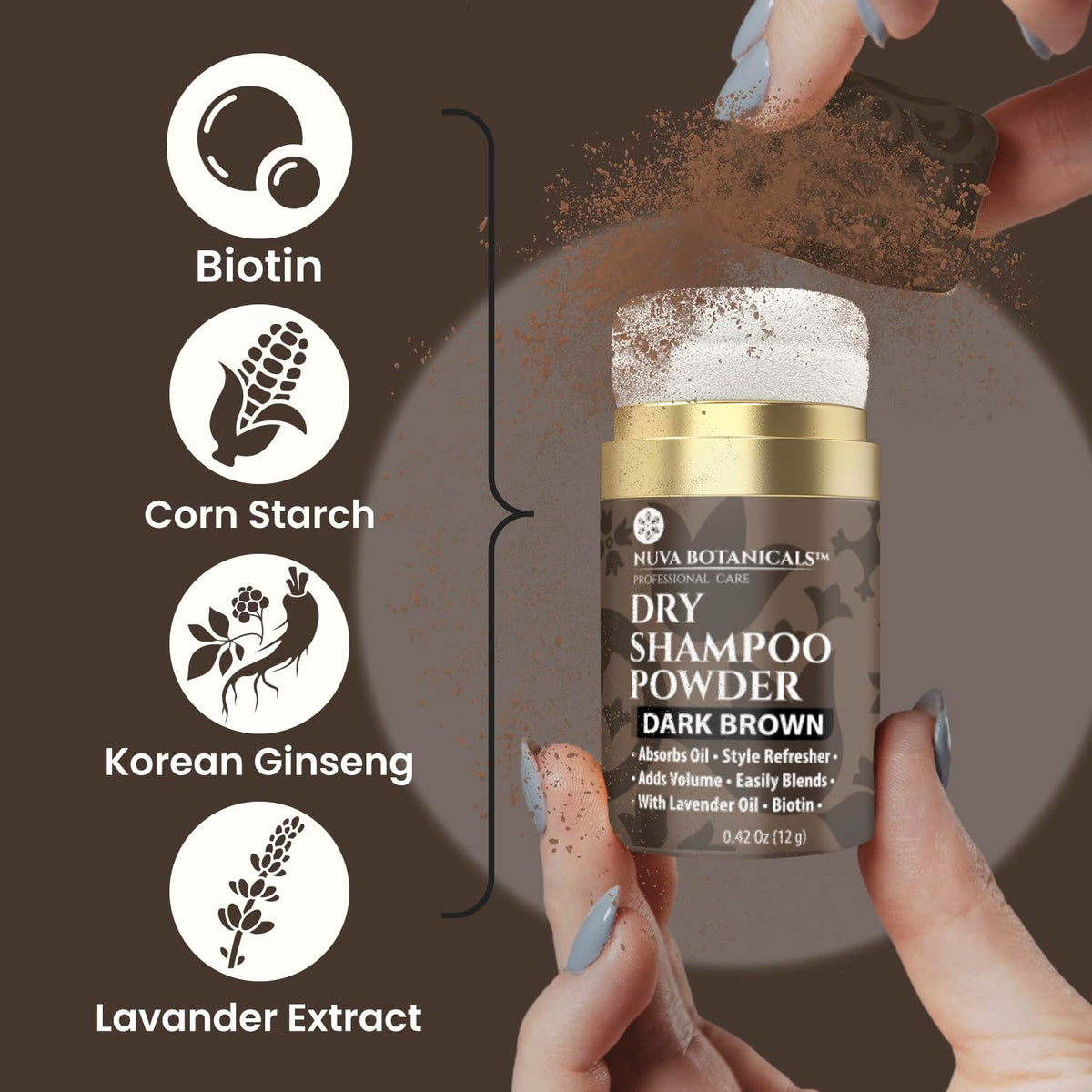 Nuva Botanicals application on roots of dark hair, instant oil absorption and lift