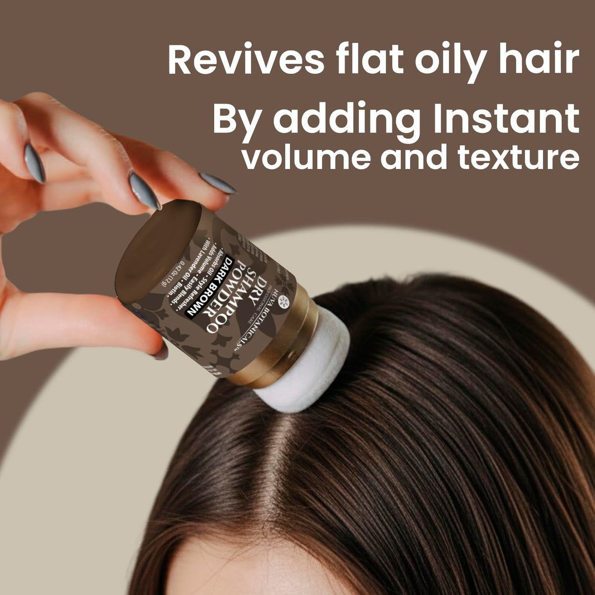 Nuva Botanicals before and after dark brown hair, visible volume and reduced greasiness