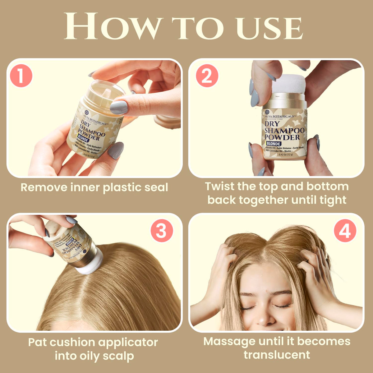 Nuva Botanicals open jar revealing fine blonde-friendly dry shampoo powder