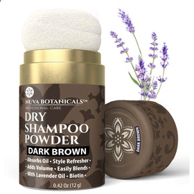 Nuva Botanicals front packaging showing dark brown dry shampoo, convenient travel benefit