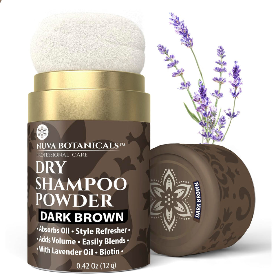 Nuva Botanicals front packaging showing dark brown dry shampoo, convenient travel benefit