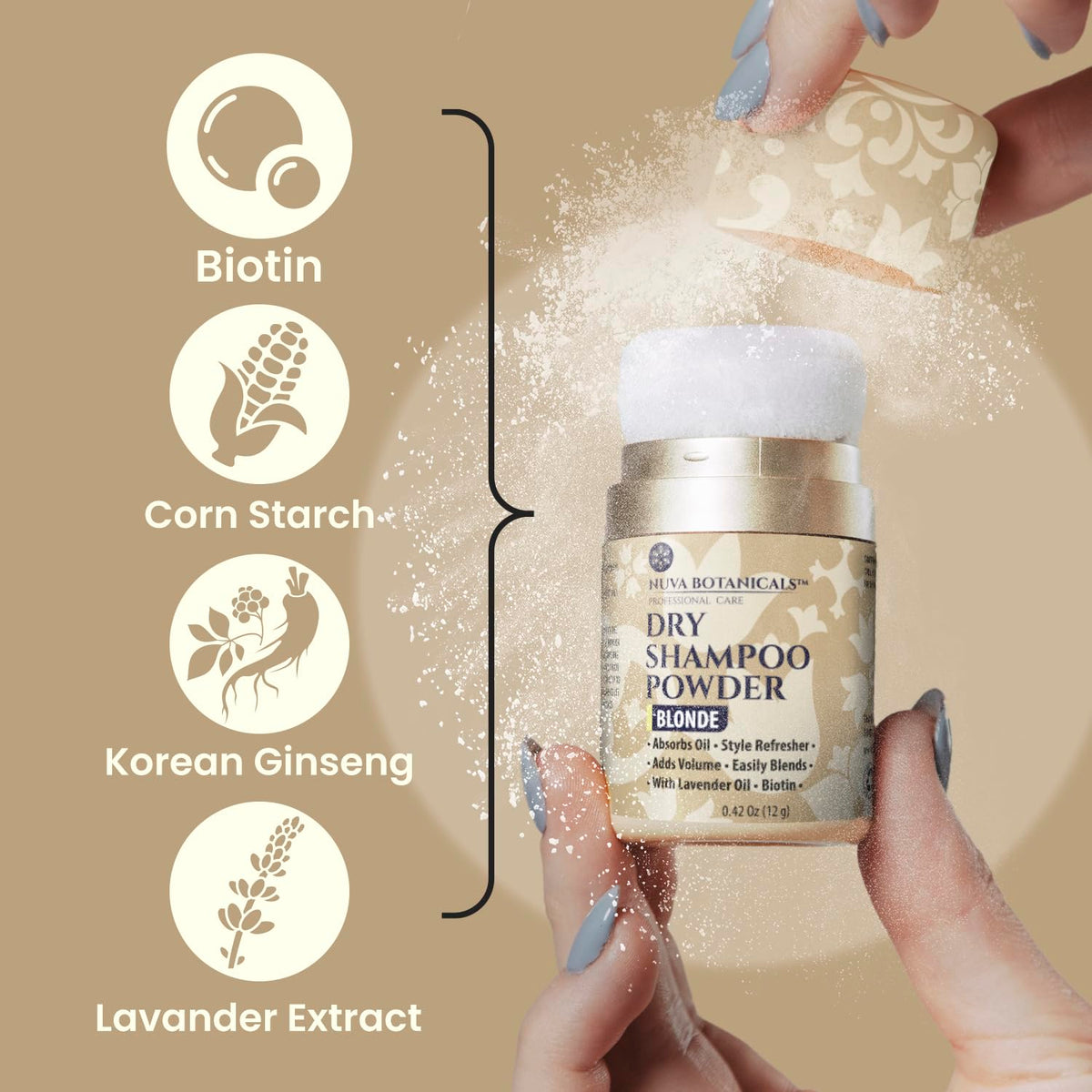 Nuva Botanicals applicator close-up highlighting powder texture for lift