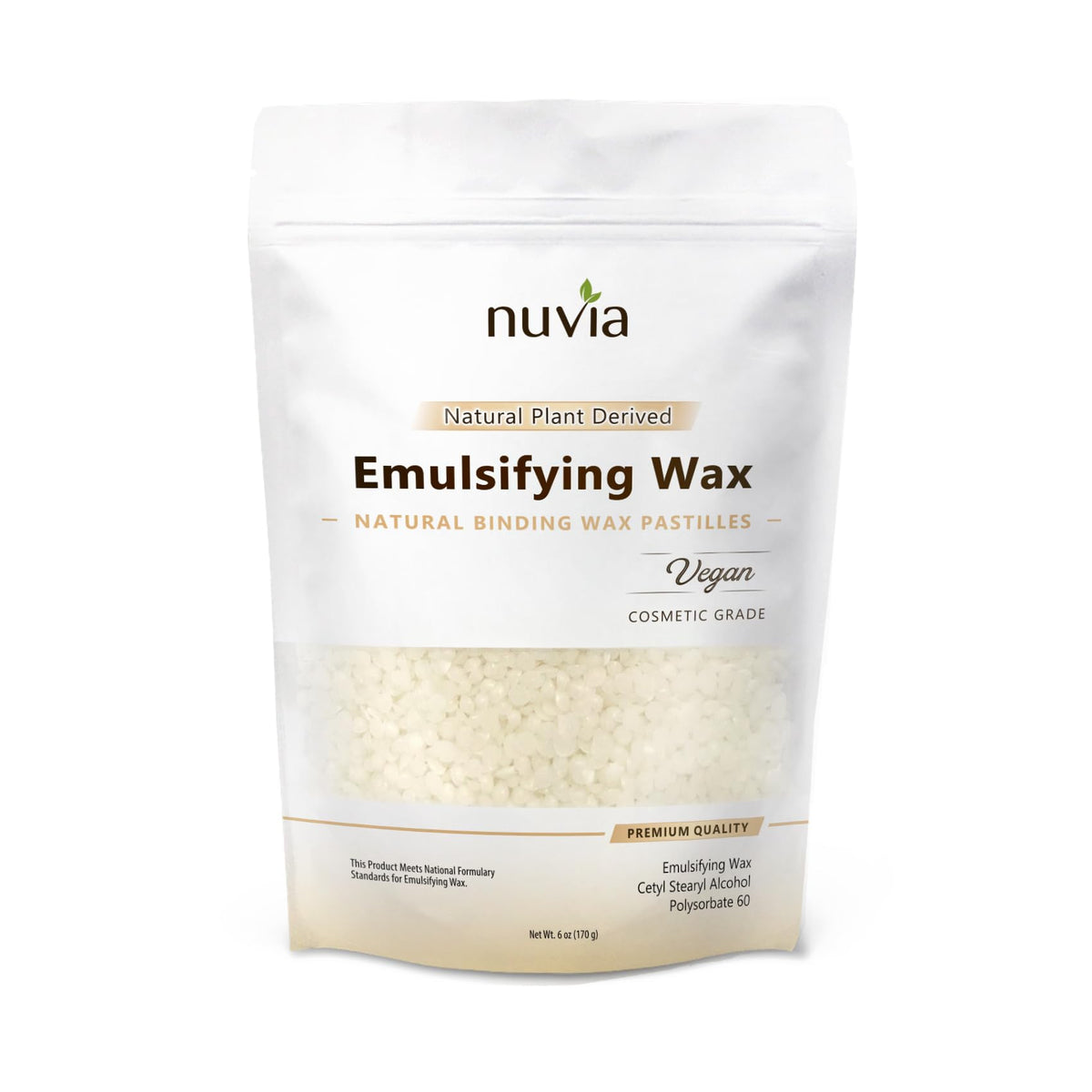 Nuvia Organics front packaging showing 6oz emulsifying wax, improves cream texture