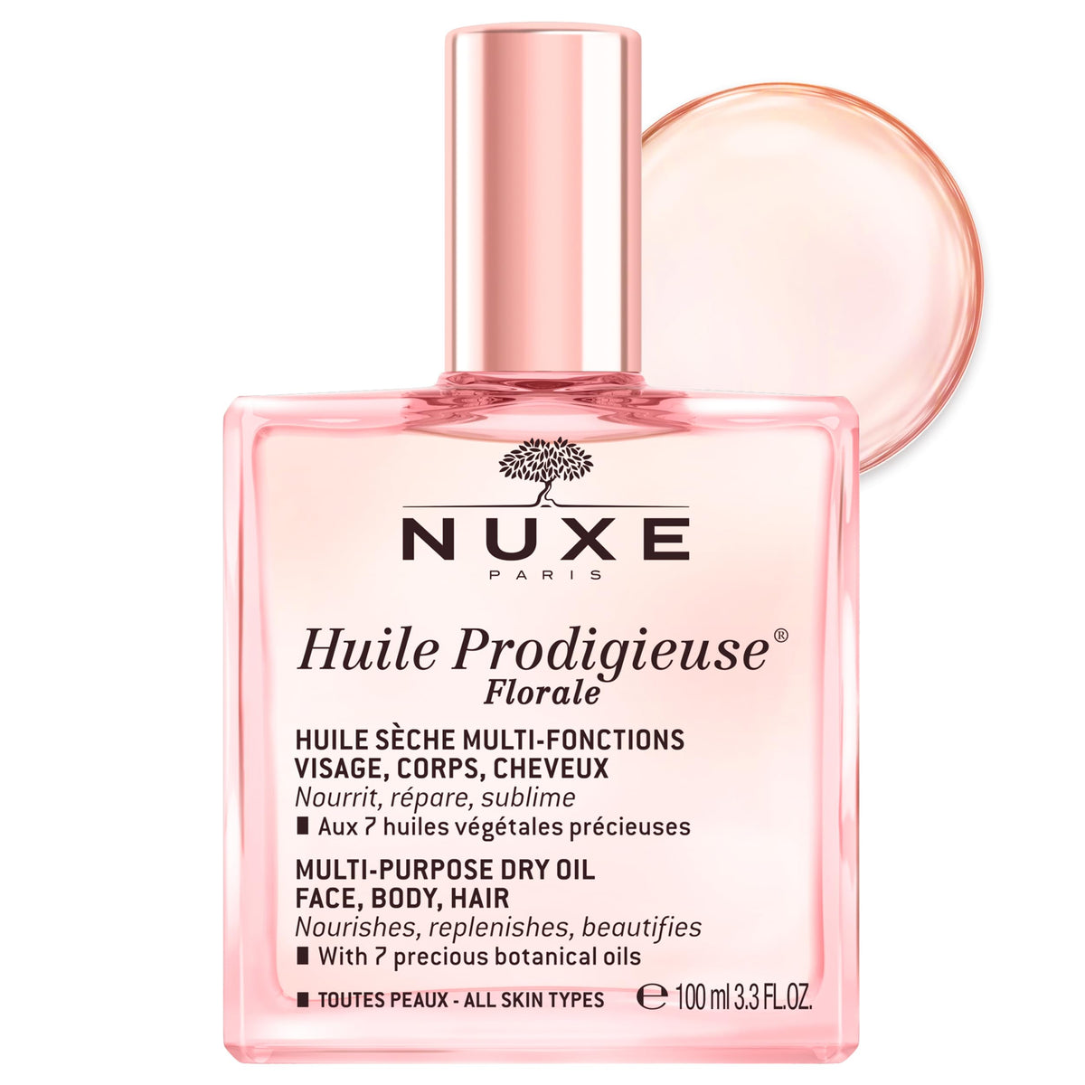 NUXE Huile Prodigieuse Floral front bottle showing elegant packaging and easy-pour cap for convenience