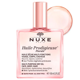 NUXE Huile Prodigieuse Floral front bottle showing elegant packaging and easy-pour cap for convenience