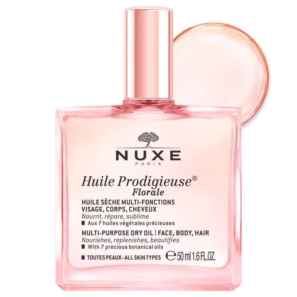 NUXE Huile Prodigieuse Floral front packaging showing elegant bottle and label benefit: portable glow