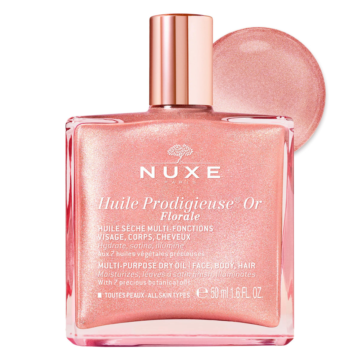 NUXE bottle front view showing elegant packaging and portable size
