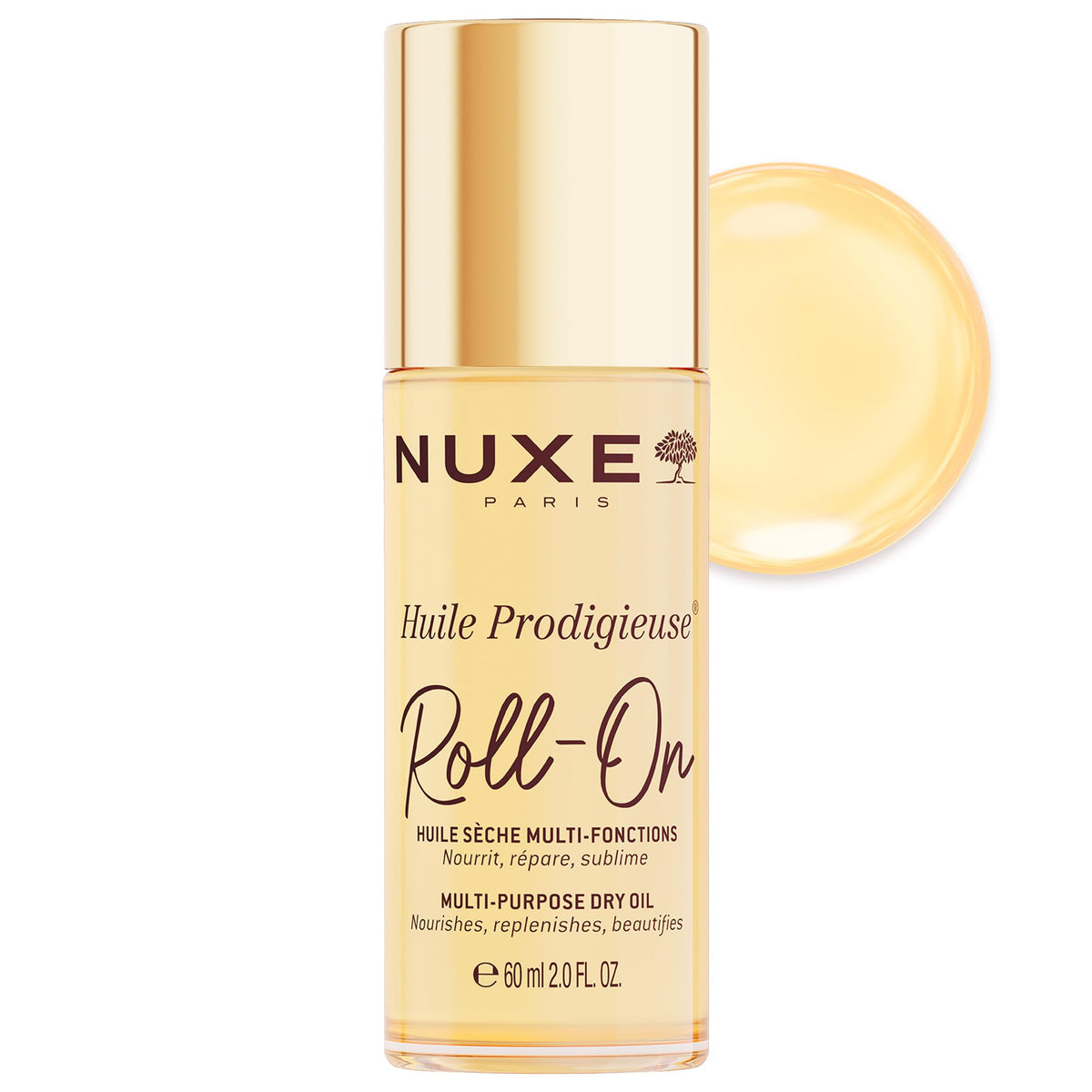 NUXE roll-on front packaging showing compact botanical oil, travel-friendly glow