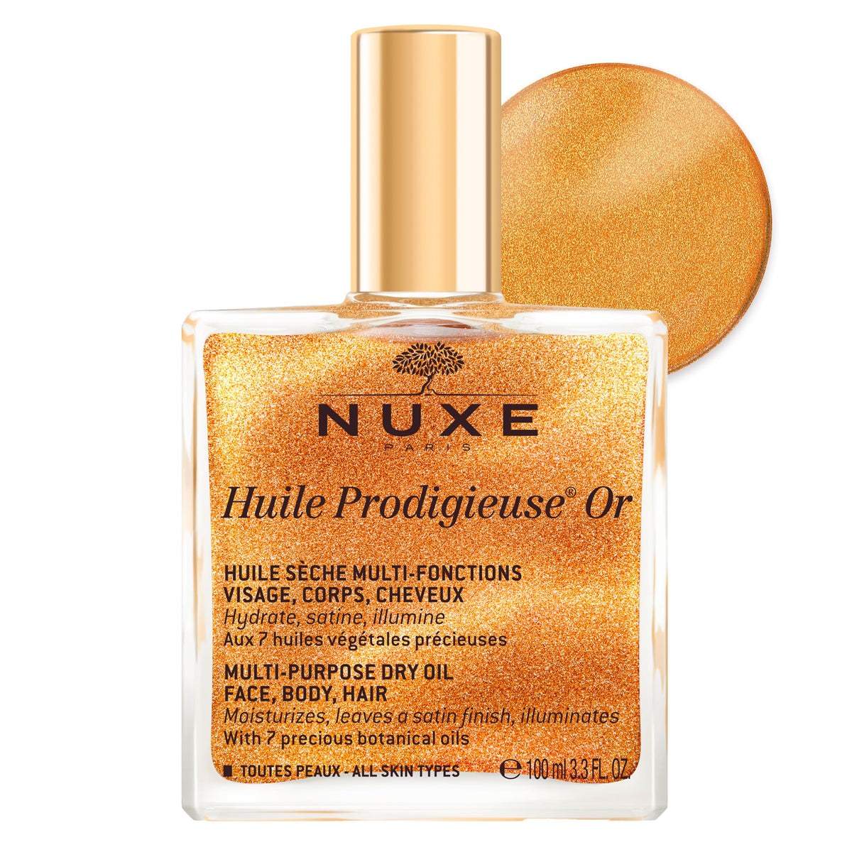 NUXE front bottle showing shimmer oil and elegant packaging benefit: instant glow