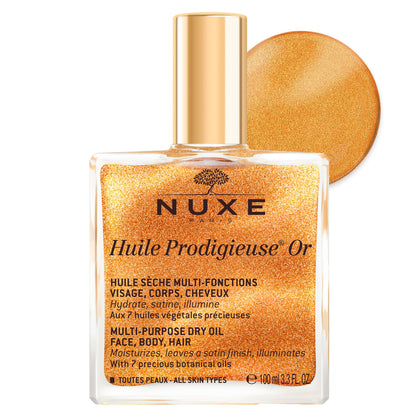 NUXE front bottle showing shimmer oil and elegant packaging benefit: instant glow