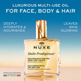 NUXE oil texture closeup highlighting lightweight, non-greasy finish for soft skin