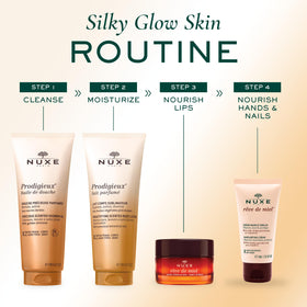 NUXE on bathroom shelf in lifestyle scene conveying daily routine enjoyment