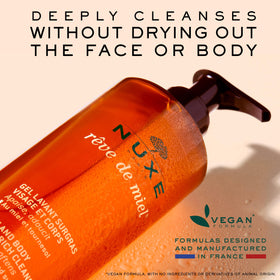 NUXE close-up of honey-like gel with golden details, conveys moisturizing comfort