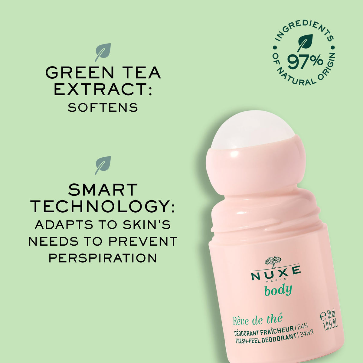 NUXE roll-on in hand size comparison showing travel-friendly 1.6 fl oz convenience