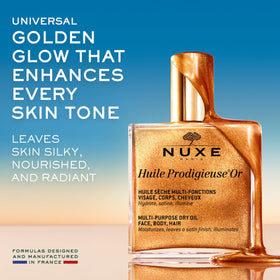 NUXE close-up of oil texture with pearly particles benefit: lightweight luminous finish