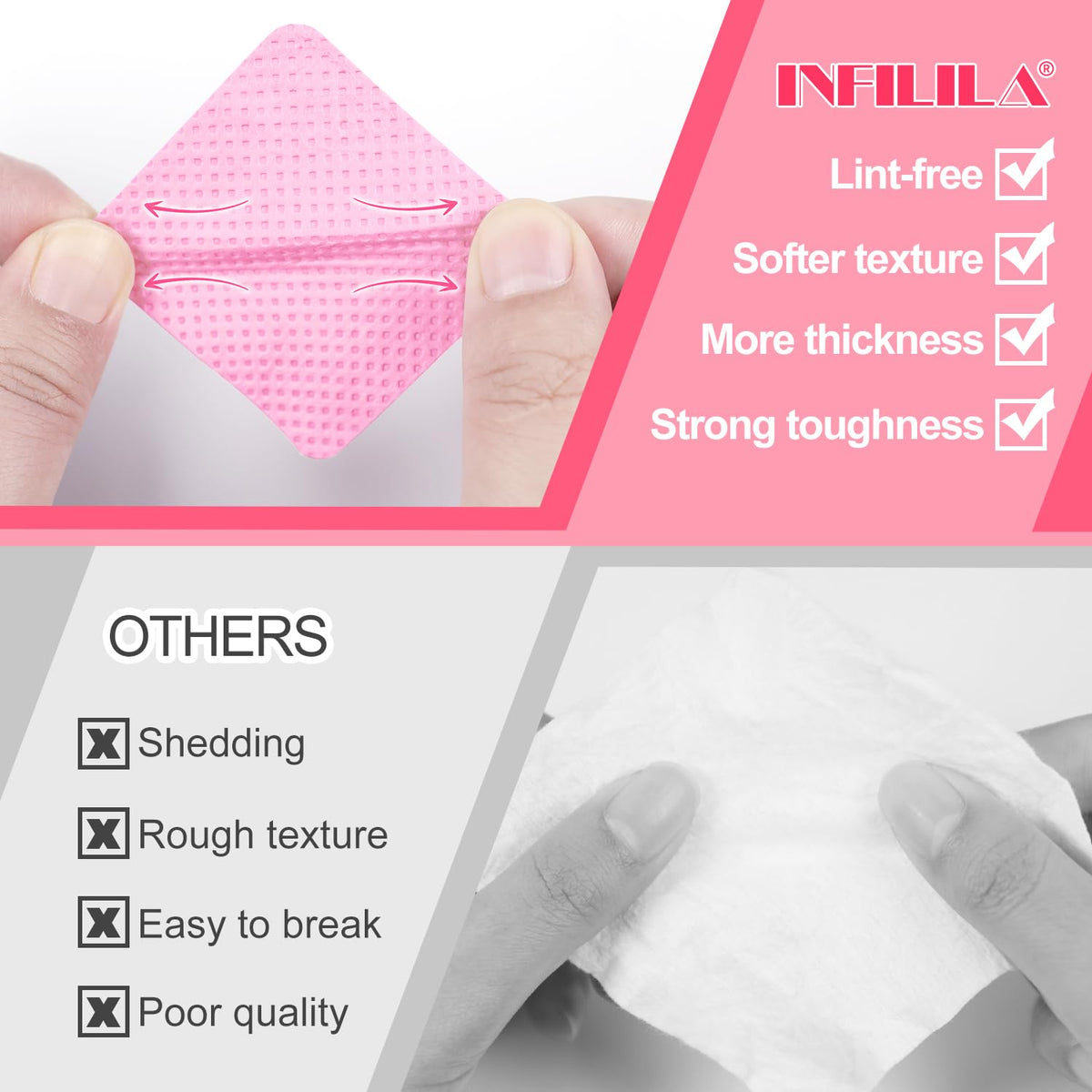 NXJ INFILILA lint free wipe close-up showing texture, prevents fibers on nails