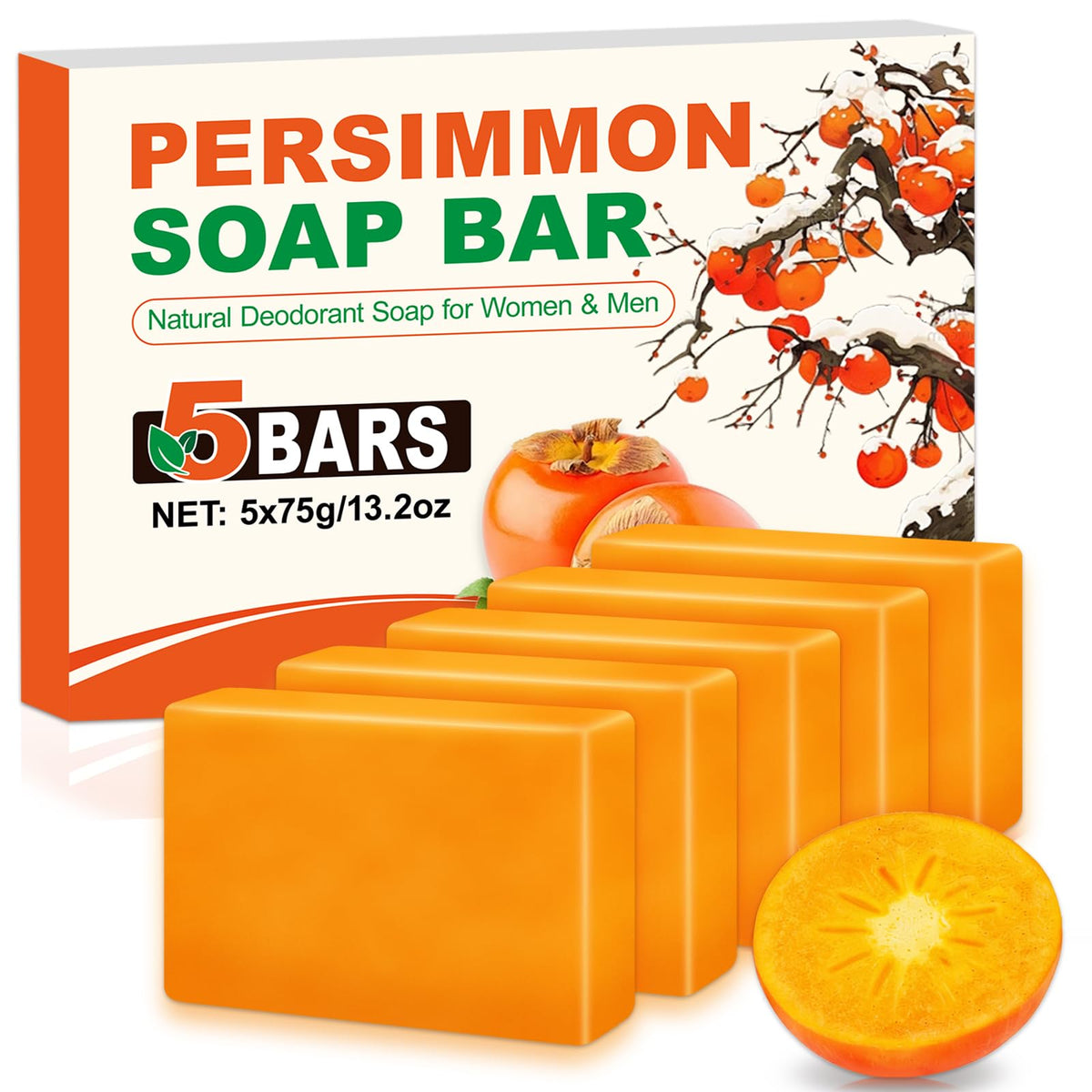 NXPPYY front packaging showing five persimmon soap bars and benefit of odor control