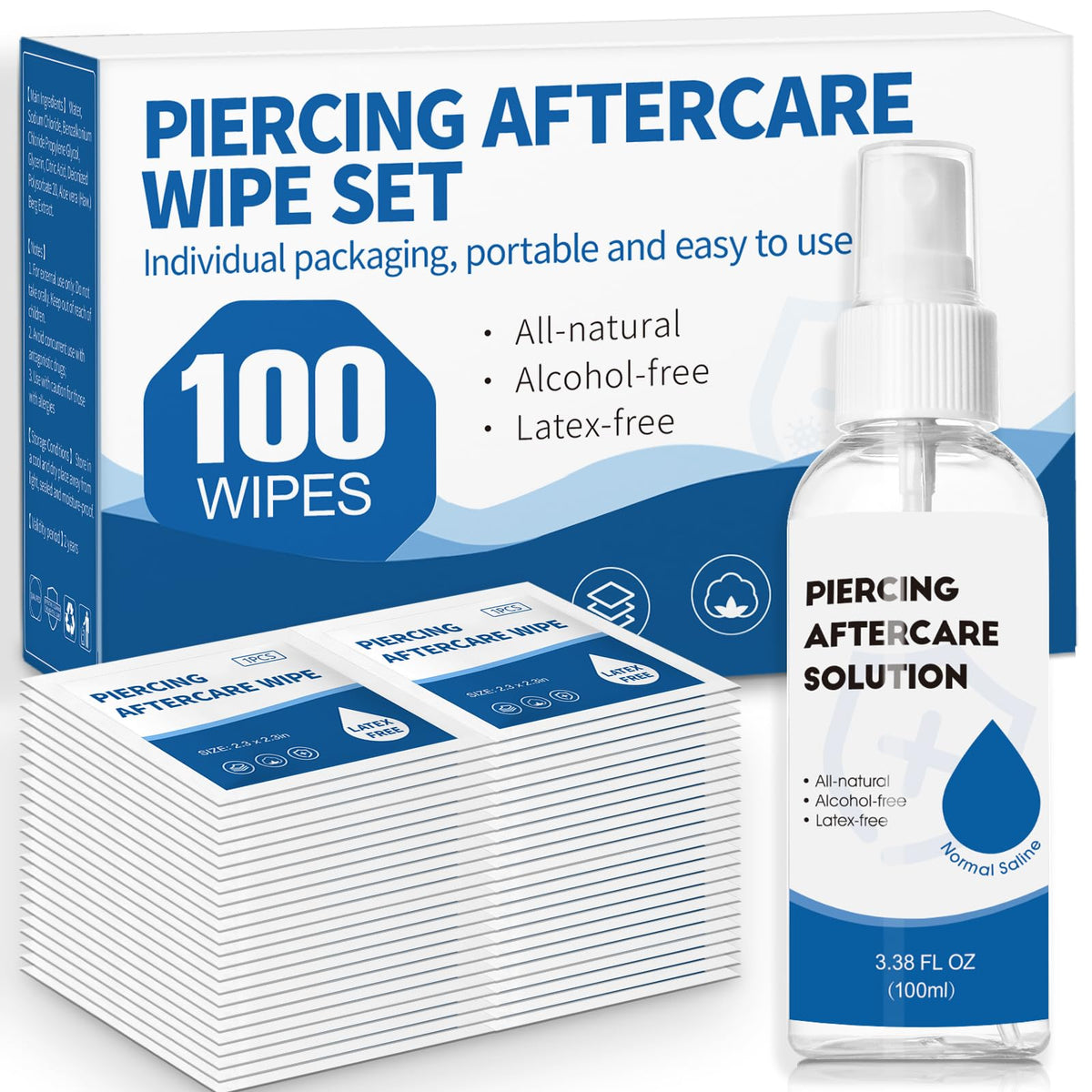 NXPPYY front packaging showing spray bottle and wipes for travel-friendly piercing care