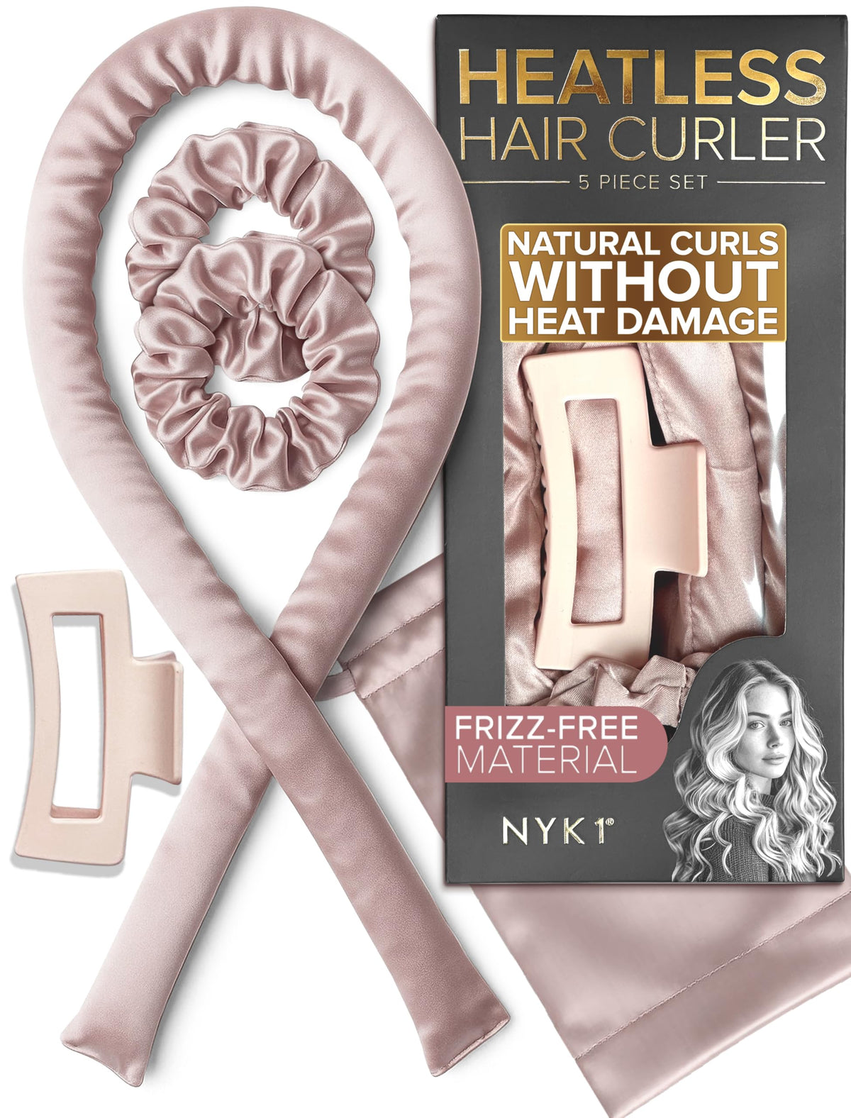 NYK1 front packaging showing five satin heatless curl rods and set benefits
