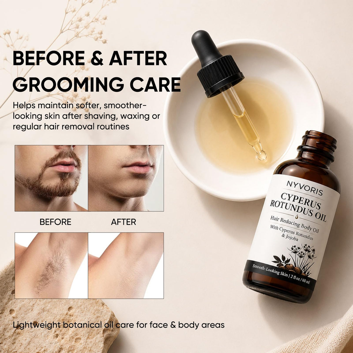 NYVORIS oil in hand being applied to skin demonstrating easy spread and comfort