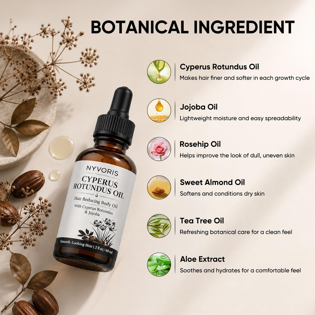 NYVORIS cyperus seeds with aloe leaves showing natural ingredients and soothing benefits