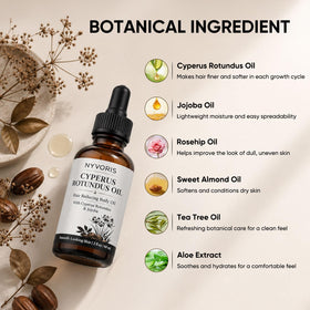 NYVORIS cyperus seeds with aloe leaves showing natural ingredients and soothing benefits