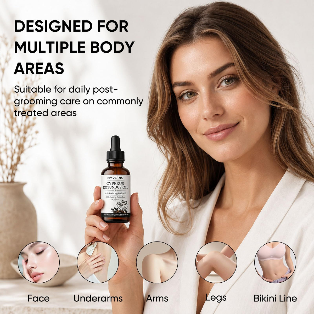 NYVORIS lifestyle shot on legs after grooming illustrating smooth-looking skin benefits