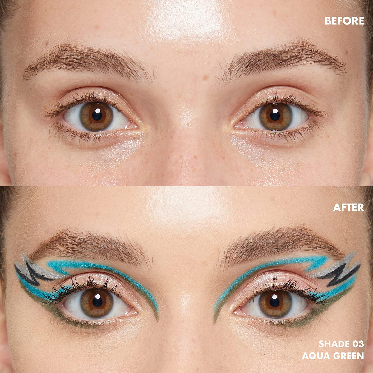 NYX PROFESSIONAL MAKEUP application on eyelid demonstrating vibrant aqua green line for eye definition