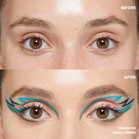 NYX PROFESSIONAL MAKEUP application on eyelid demonstrating vibrant aqua green line for eye definition