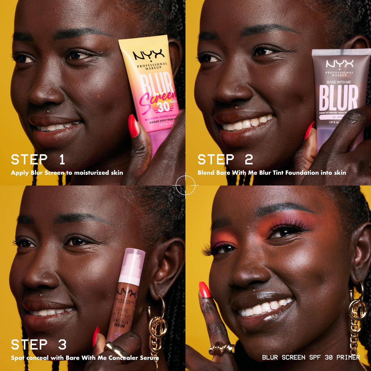 NYX Blurscreen on model for everyday makeup delivering blurred skin