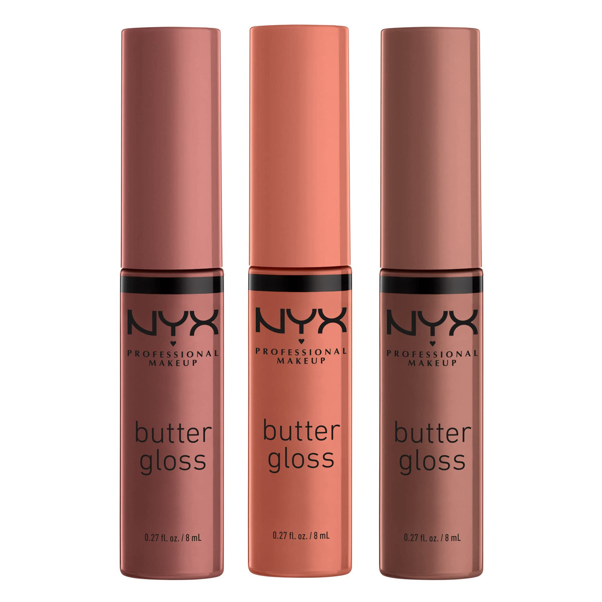 NYX PROFESSIONAL MAKEUP front packaging showing three glosses and benefits