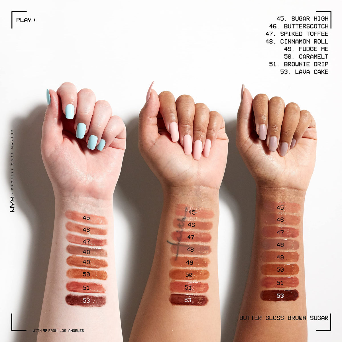 NYX PROFESSIONAL MAKEUP Butterscotch gloss applied on lips for warm glow