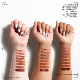 NYX PROFESSIONAL MAKEUP Butterscotch gloss applied on lips for warm glow