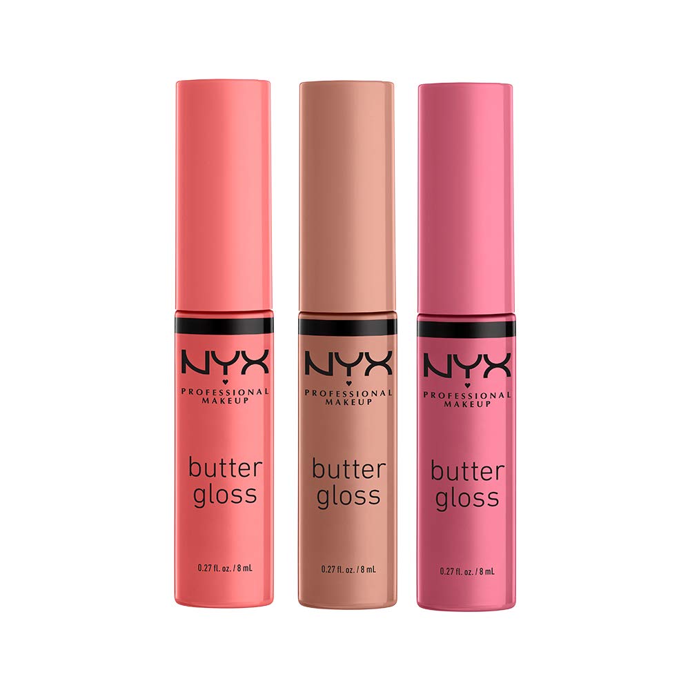 NYX PROFESSIONAL MAKEUP front packaging showing three butter gloss tubes, clear branding and portability