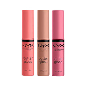 NYX PROFESSIONAL MAKEUP front packaging showing three butter gloss tubes, clear branding and portability