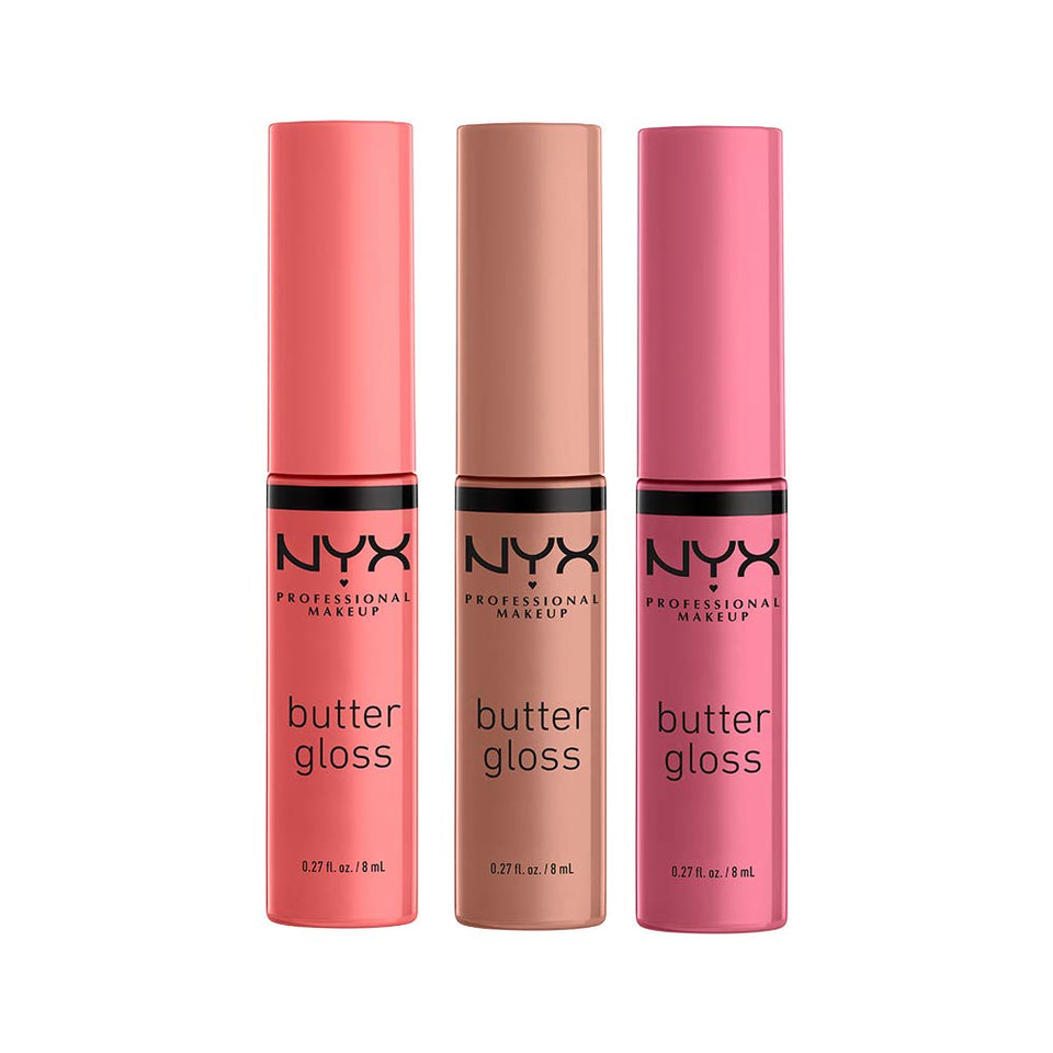 NYX PROFESSIONAL MAKEUP front packaging showing three butter gloss tubes, clear branding and portability