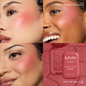 NYX Buttermelt Blush being picked up by a brush for effortless, buildable application