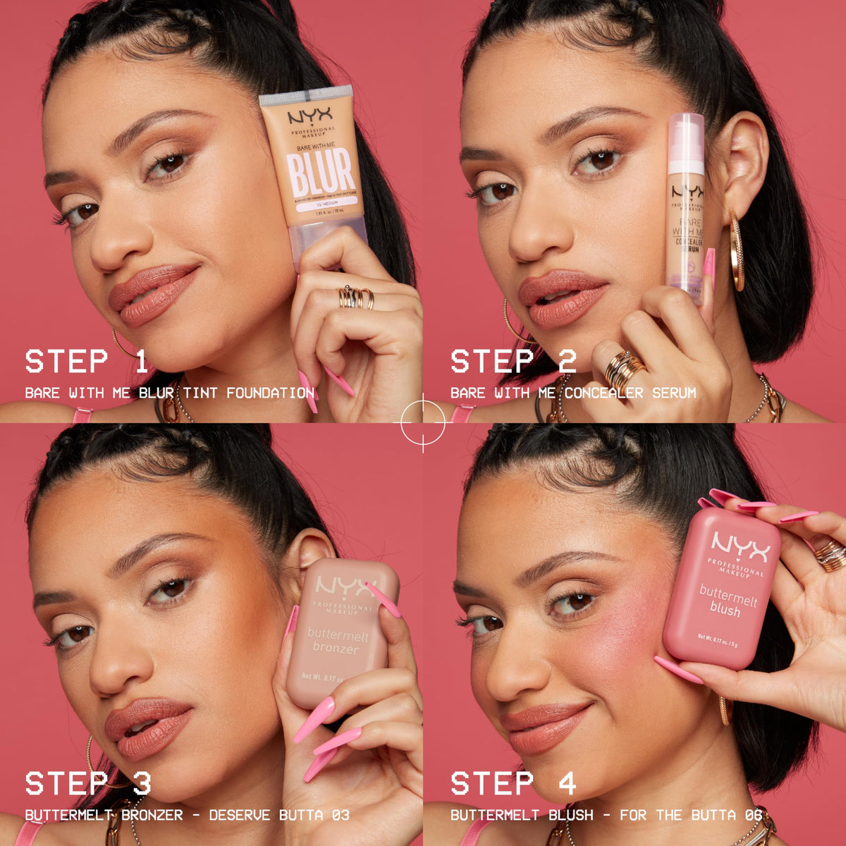 Model wearing NYX Buttermelt Blush for a natural flush and long-wearing cheek color
