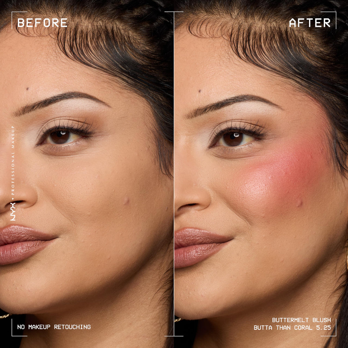 NYX Buttermelt Blush angled view of pan and label highlighting shade name and finish