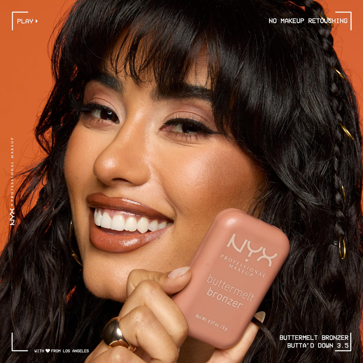 NYX PROFESSIONAL MAKEUP hand holding compact showing size and travel-friendly benefit