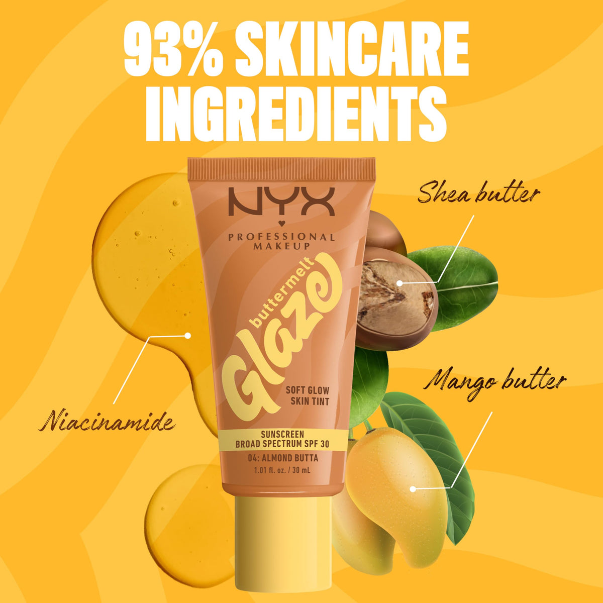 NYX PROFESSIONAL MAKEUP ingredients callout showing shea and mango butters benefit