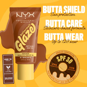 NYX Buttermelt Glaze on model closeup showing glazed skin effect