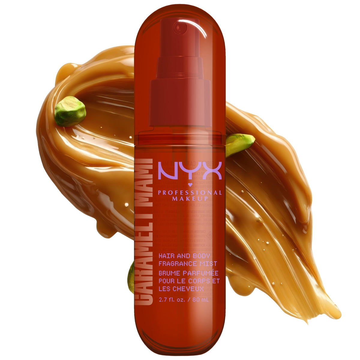 NYX PROFESSIONAL MAKEUP front packaging shows Caramelt Mami bottle and scent appeal