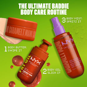 NYX PROFESSIONAL MAKEUP mist layered with matching body oil to boost longevity
