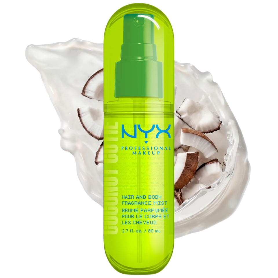 NYX PROFESSIONAL MAKEUP front packaging showing Coconut Cutie bottle and branding
