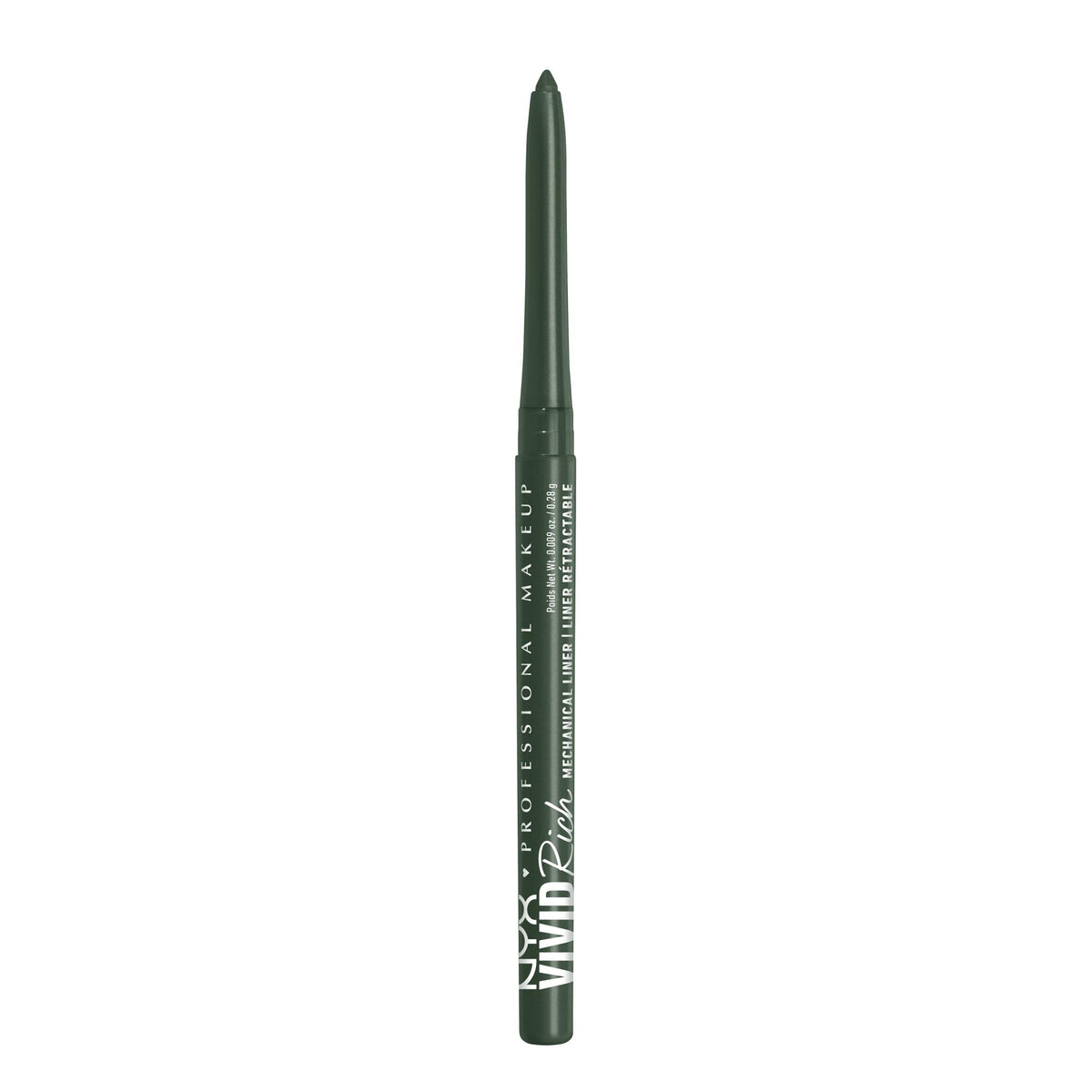 NYX PROFESSIONAL MAKEUP front view of Emerald Empire pencil showing color and retractable design benefit