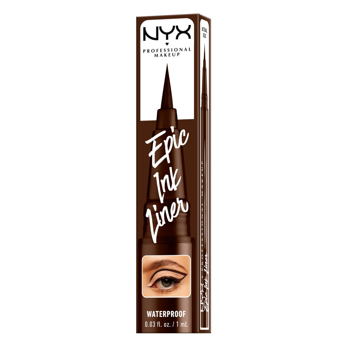 NYX PROFESSIONAL MAKEUP eyeliner displayed with eyeshadow and brushes for coordinated looks